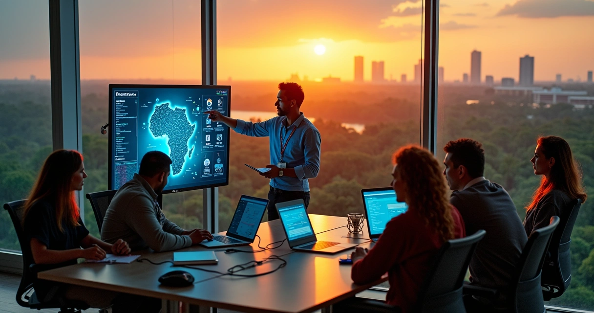 Profissionais de tecnologia trabalhando em escritório moderno com mapa do Amazonas ao fundo