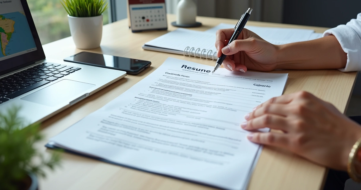 Pessoa ajustando currículo impresso em mesa com notebook e vaga de emprego local aberta
