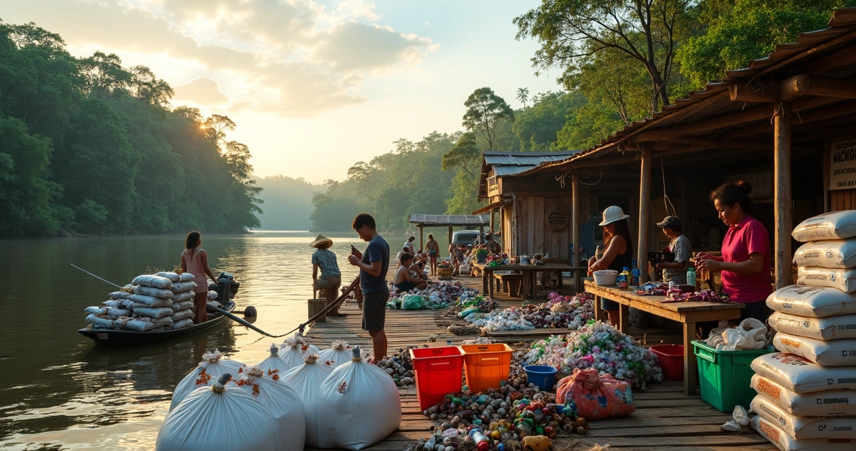 Comunidade ribeirinha no Amazonas trabalhando com reciclagem e produção sustentável