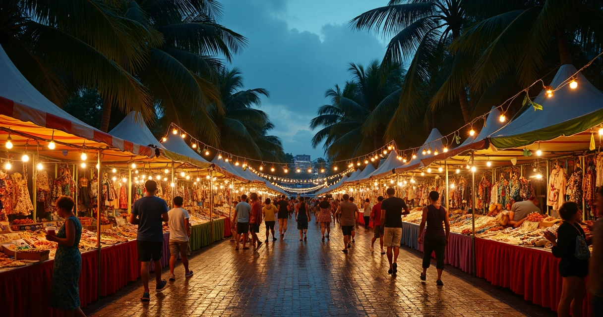 Feira cultural noturna em Manaus com barracas coloridas e público caminhando
