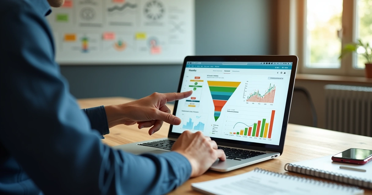 Profissional analisando funil de vendas digital com indicadores de leads na tela do notebook