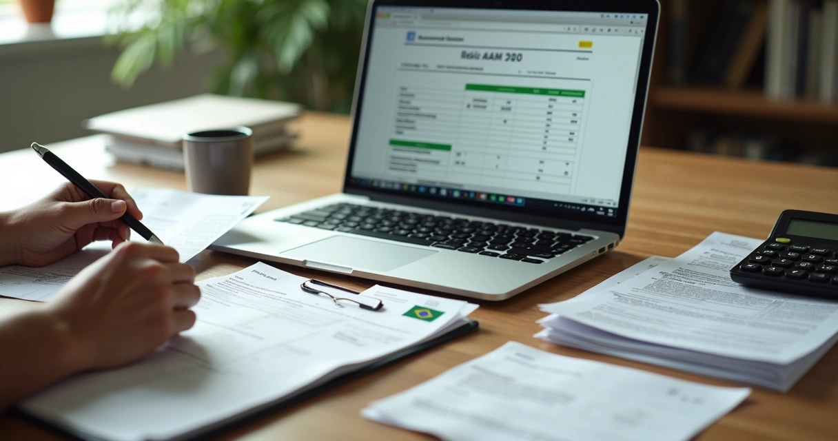Pessoa organizando documentos de imposto de renda no notebook com calculadora e recibos sobre a mesa