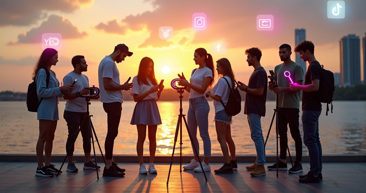 Influenciadores digitais de Manaus gravando conteúdo com celulares às margens do Rio Negro