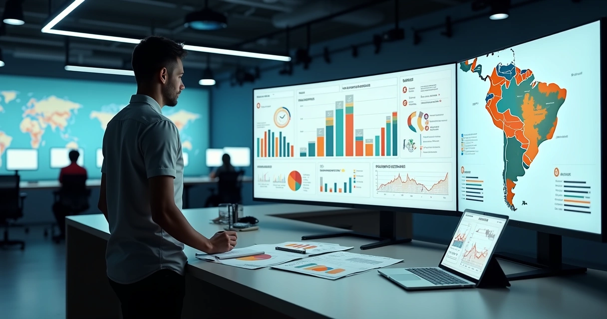 Repórter analisando painel de infografia com gráficos e mapa em redação de jornal