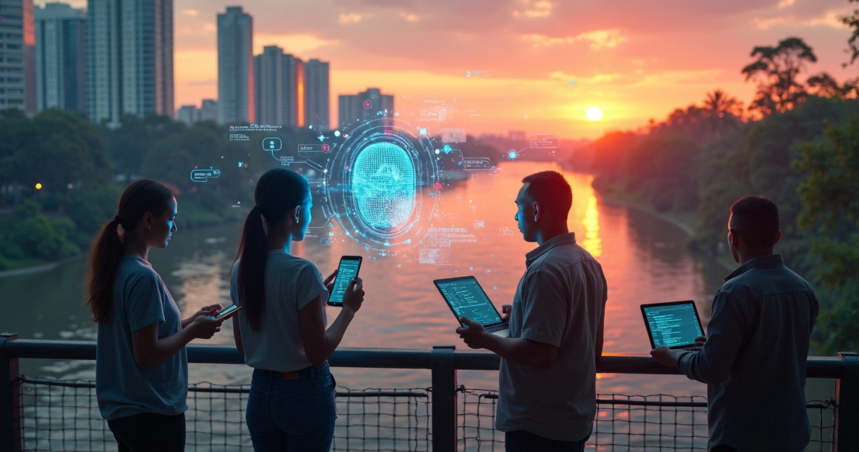 Integração de inteligência artificial ao cotidiano em Manaus com prédios e floresta ao fundo