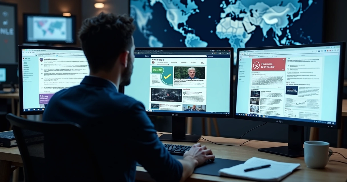 Jornalista analisando notícias em várias telas com selo de verificação de fatos em destaque