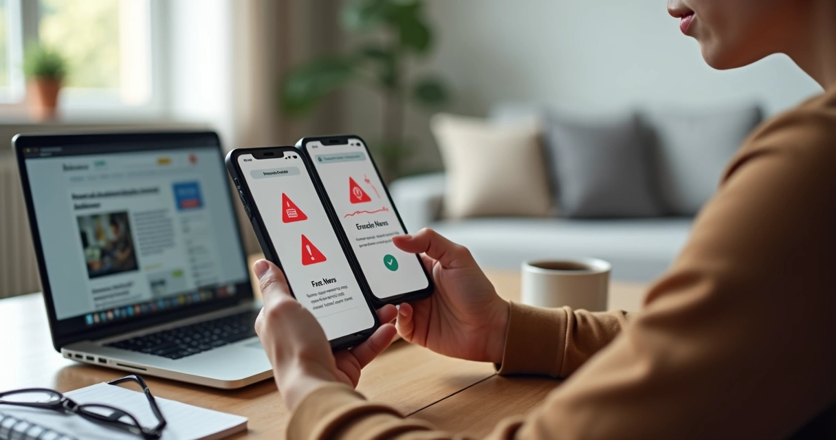 Jovem analisando notícias no celular com ícones de fake news na tela