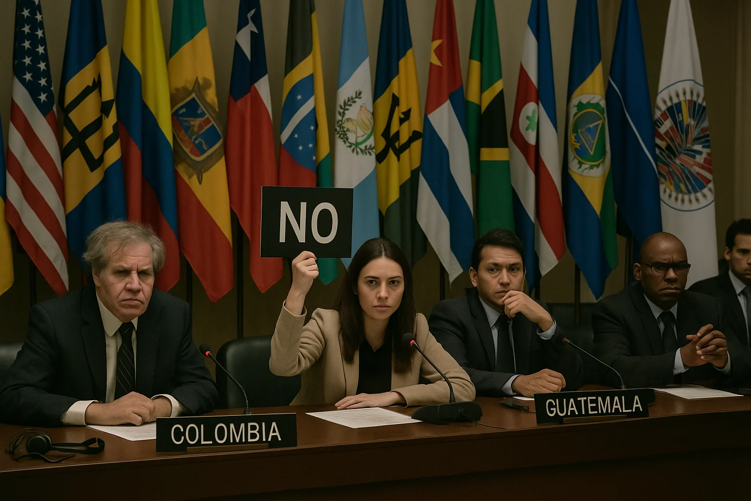 Sala de reunião da OEA com representantes de diversos países, bandeiras ao fundo, clima tenso e mulher protestando. Nicolas Maduro em destaque.