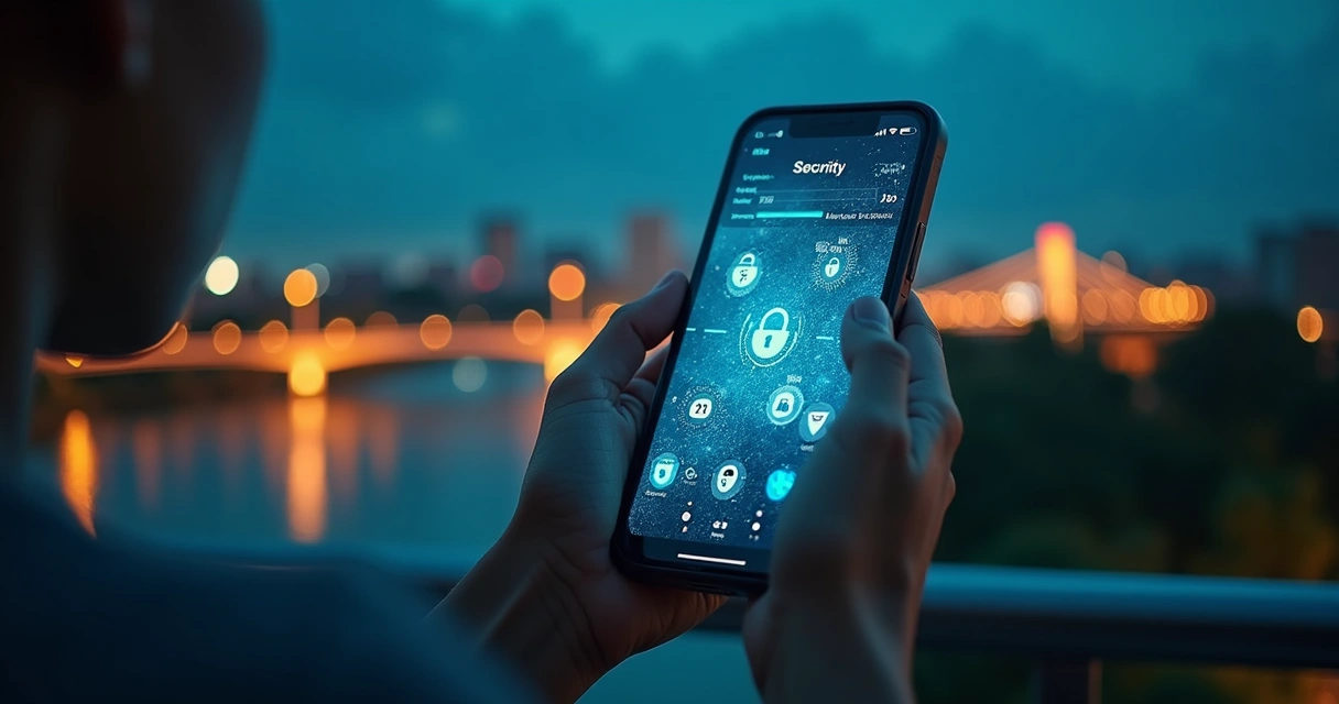 Pessoa usando aplicativos de segurança no celular com mapa de Manaus ao fundo