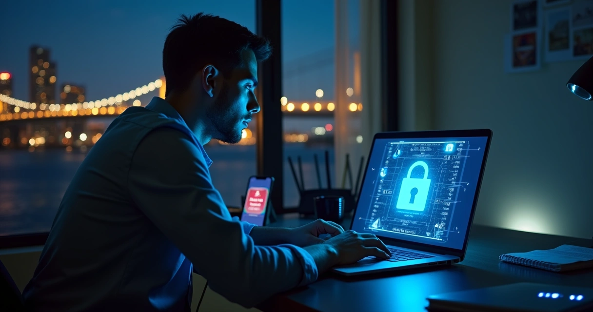 Homem usando notebook com cadeado digital e paisagem urbana de Manaus ao fundo