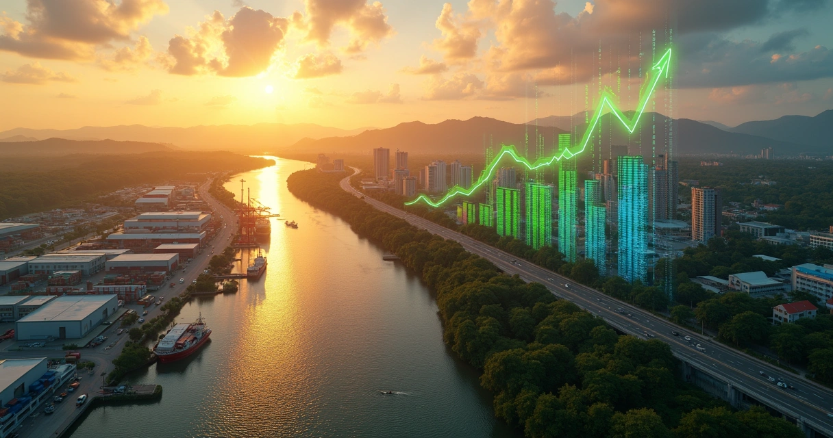 Vista aérea de Manaus com porto, indústria, floresta e gráficos de crescimento econômico