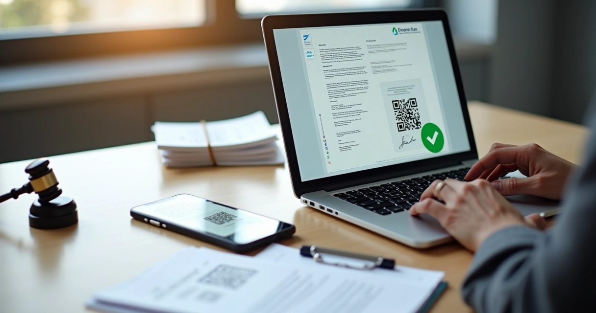 Pessoa analisando documento digital oficial em um notebook com símbolo de autenticidade
