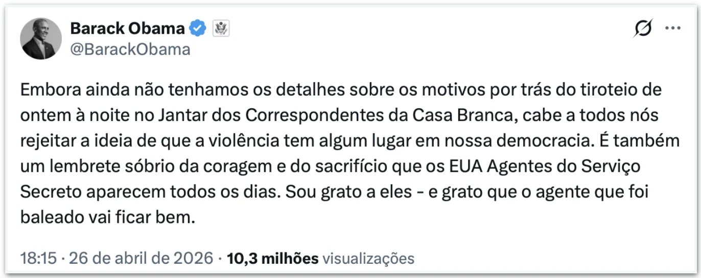 Barack Obama repudia ataque a tiros em jantar de Trump com jornalistas: “Violência não tem lugar em nossa democracia”