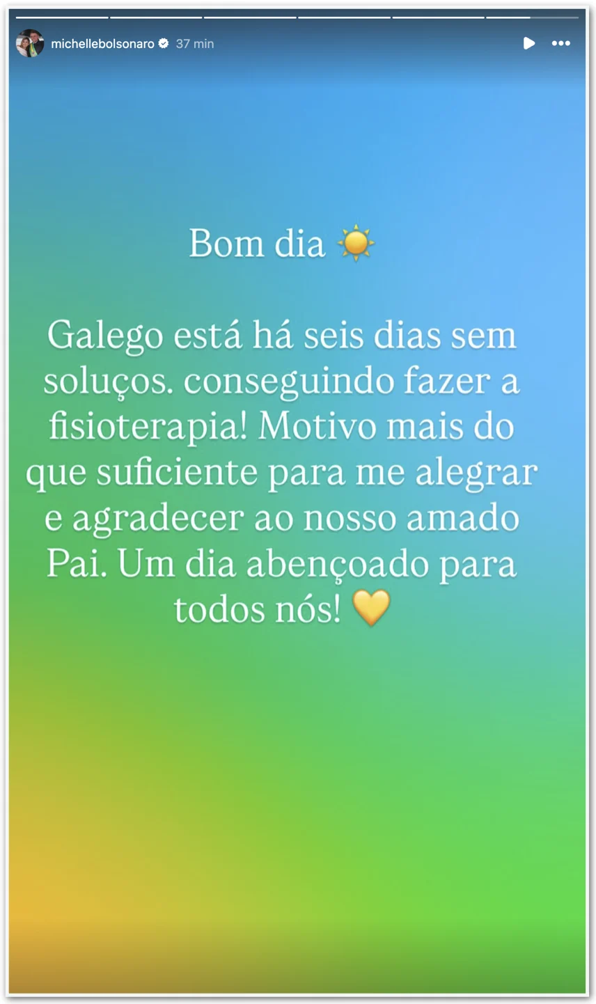 Michelle Bolsonaro comemora 6 dias sem soluços de Jair Bolsonaro e avanço na fisioterapia em meio à prisão domiciliar