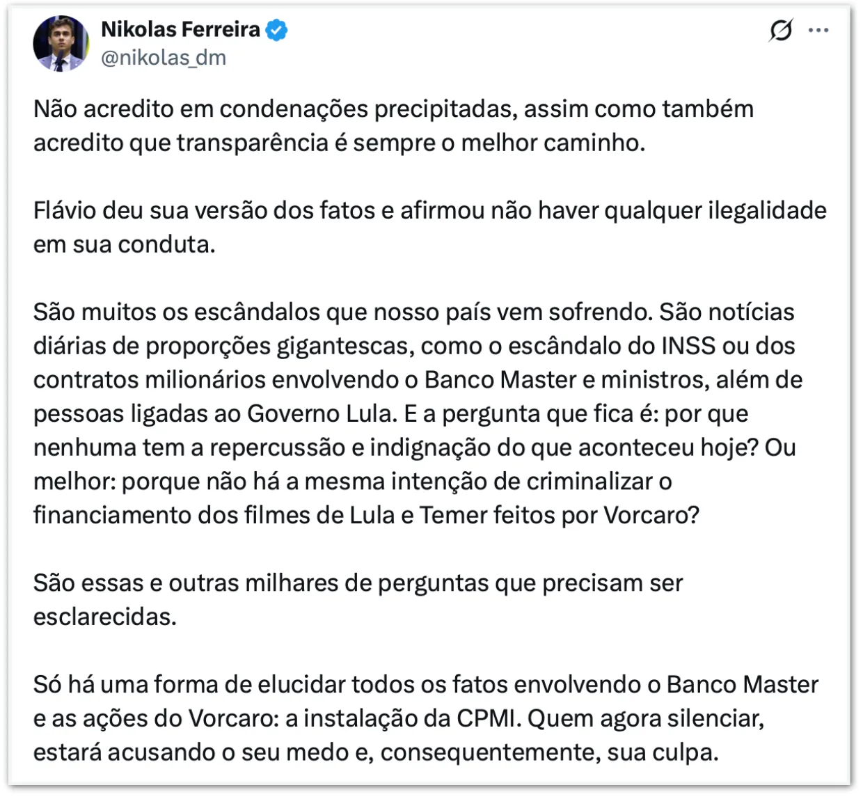 Nikolas Ferreira defende Flávio Bolsonaro e exige CPMI do Banco Master após vazamento de áudios e conversas