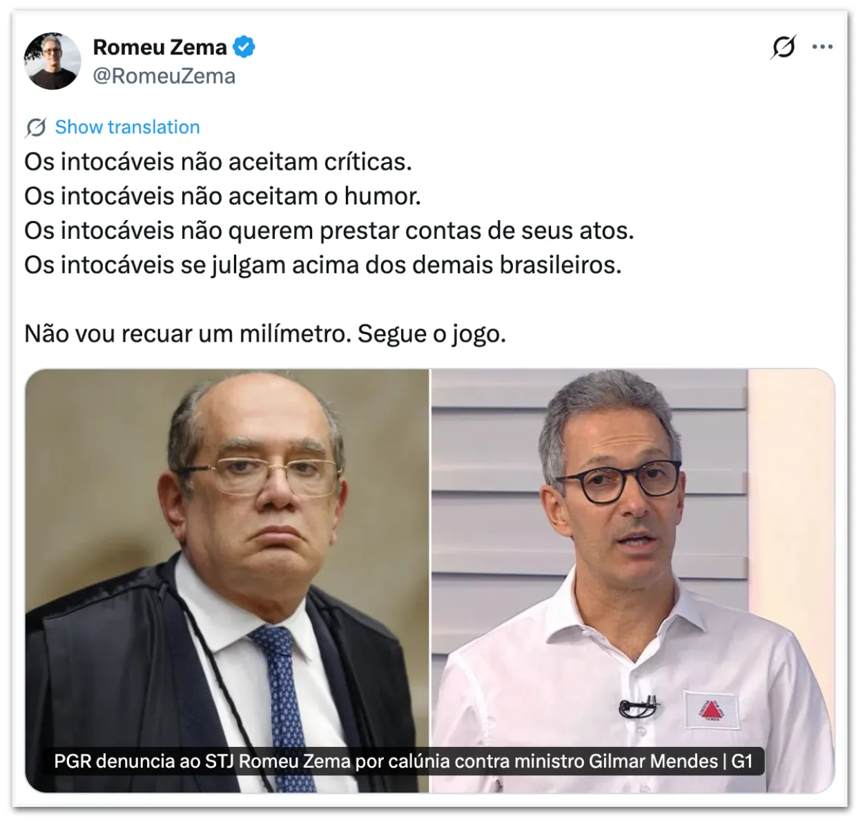 Zema não cede à PGR e mantém “Os Intocáveis” após denúncia por calúnia contra Gilmar Mendes