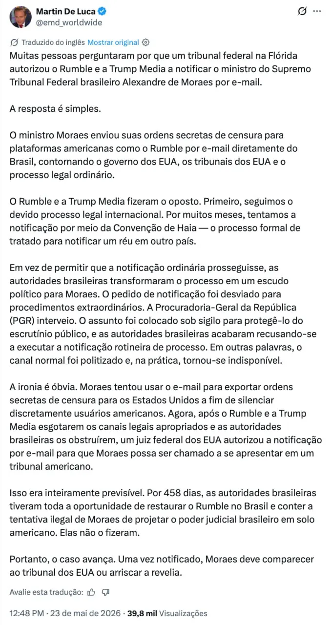 Moraes pode contestar citação por e-mail em processo nos EUA, mas há risco de se manifestar formalmente