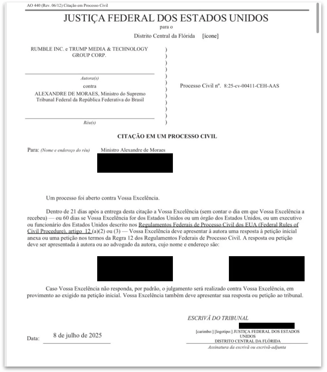 Rumble e Trump Media buscam notificar Alexandre de Moraes nos EUA por e-mail após bloqueio de perfis bolsonaristas