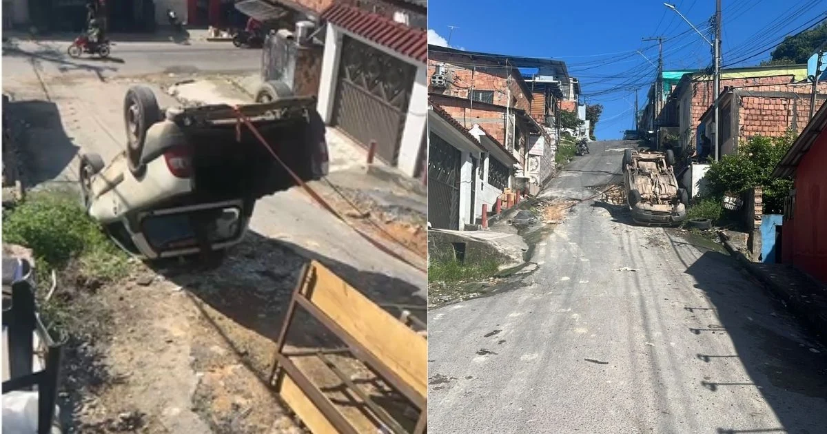 Carro capota em ladeira de Manaus: buraco na rua Dinamarca gera revolta de moradores; veja vídeo